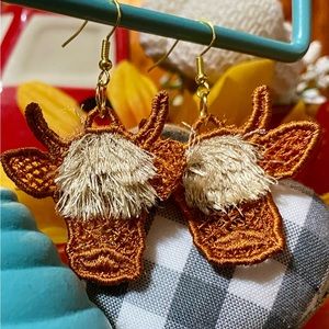 Handmade Embroidered Boho Brown Highland Cow Earrings with Fringe.